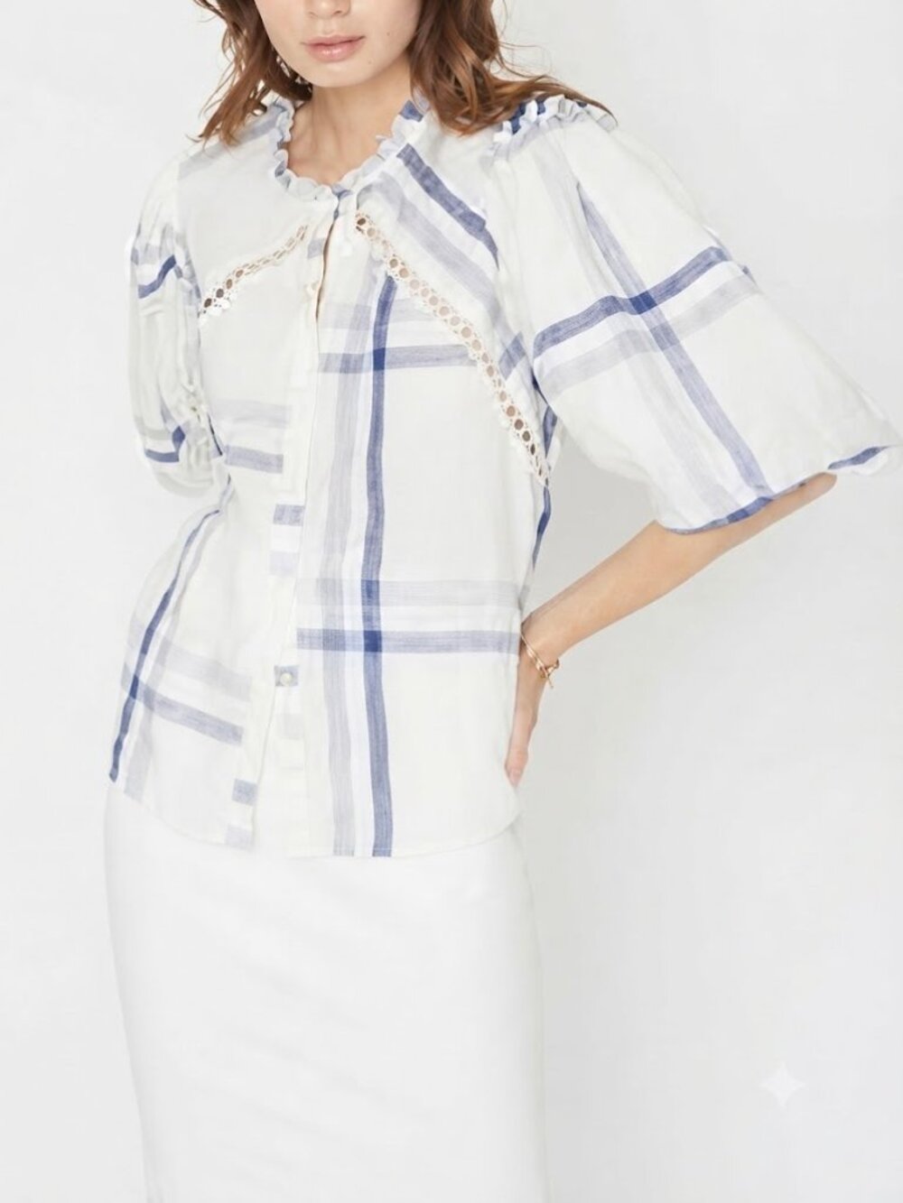 Caballero Celeste Linen Top Blouse Peasant Blue White Plaid Size XS